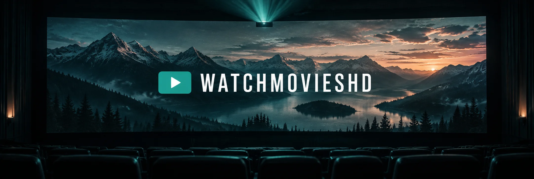 WatchMoviesHD in white on a mountain-filled cinema screen with a teal play symbol
